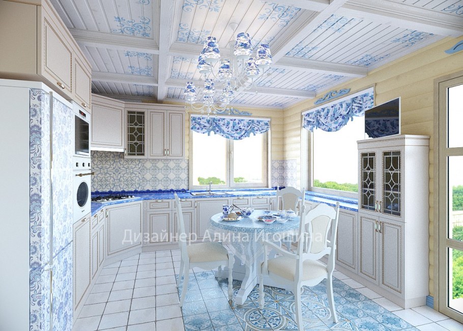 Кухня гостиная в стиле Гжель