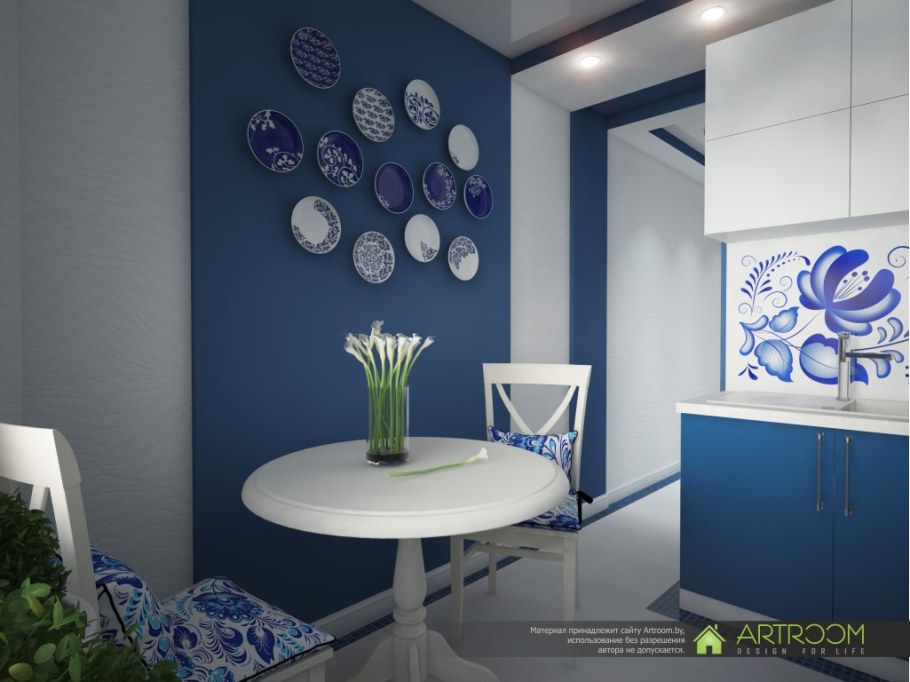 Синие стены в интерьере кухни