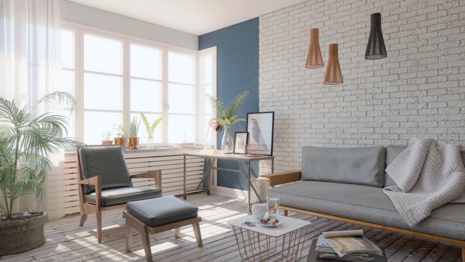 Сочетание обоев и кирпича в интерьере