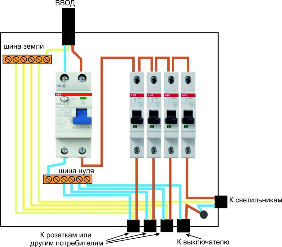 Схема подключения проводов к автомату в щитке