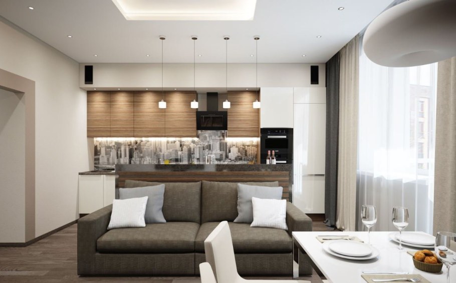 Современный интерьер кухни-гостиной