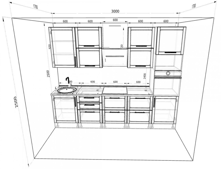 Кухонный гарнитур 3м прямой с холодильником чертеж