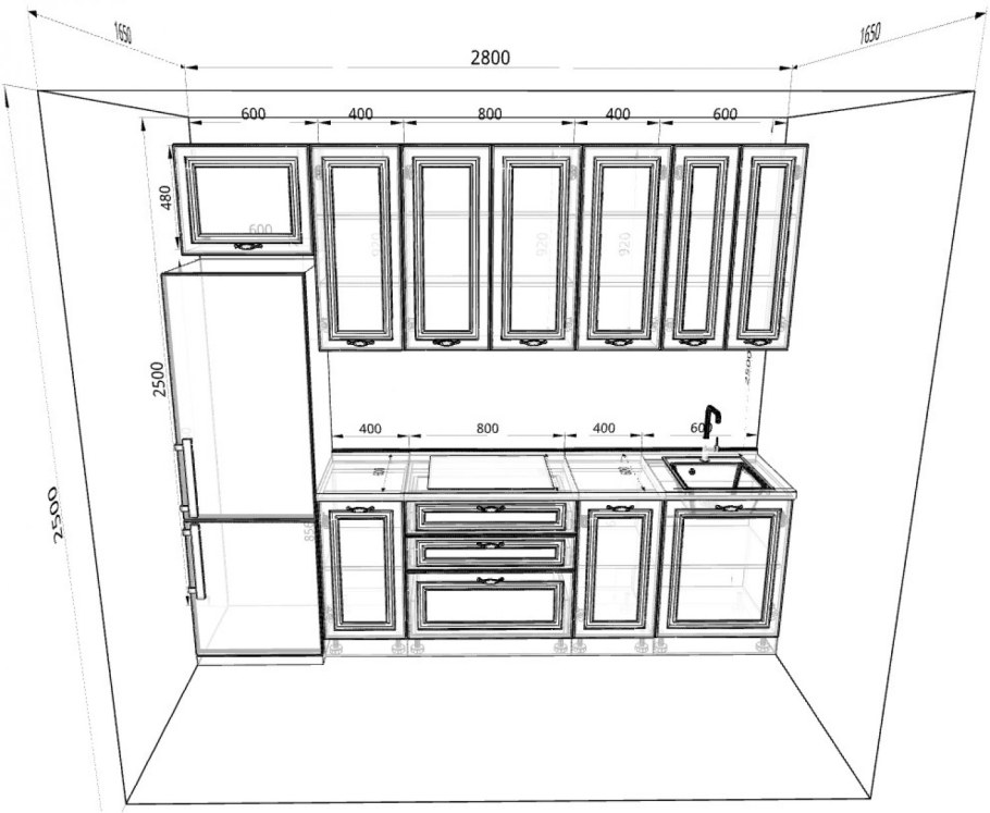 Проект прямой кухни 3 метра