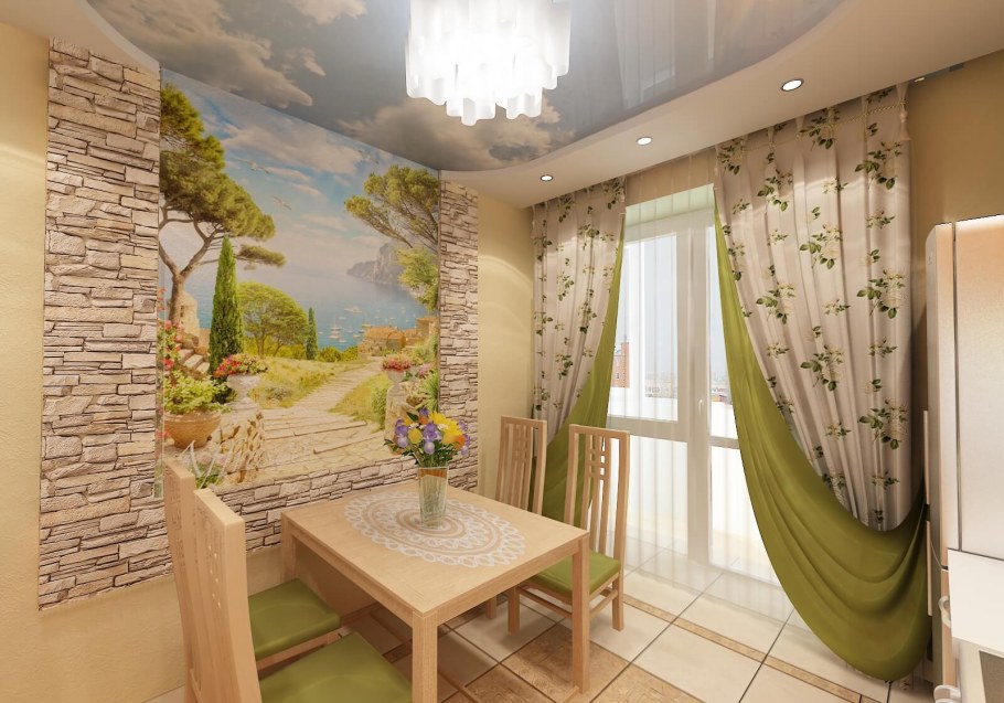 Фрески на стену в интерьере кухни