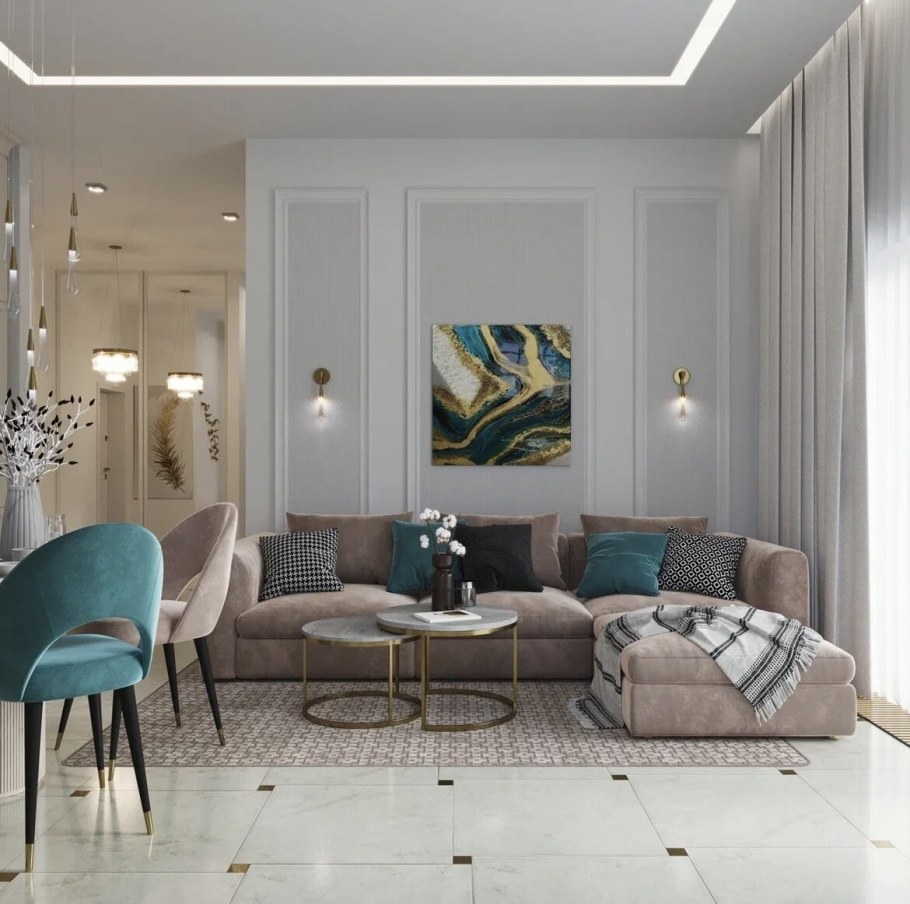 Гостиная с бирюзовыми акцентами