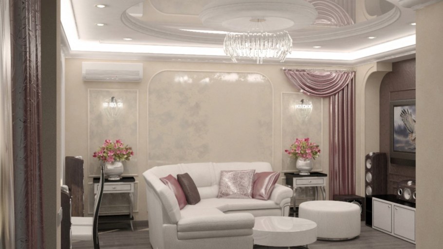 Гостиная в светлых тонах потолок