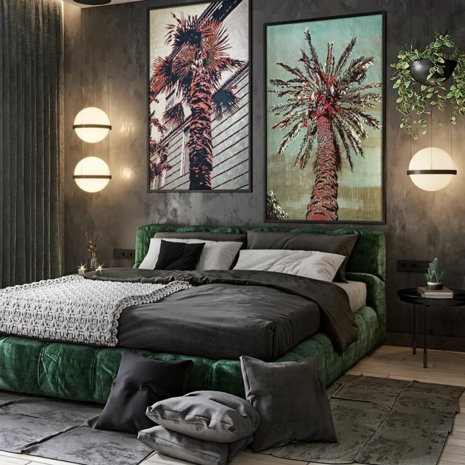 Спальня в зеленых оттенках лофт