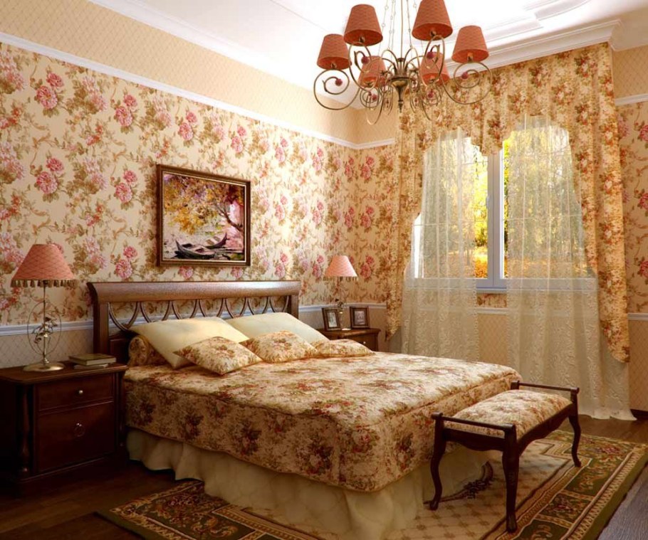 Спальня с цветочными обоями