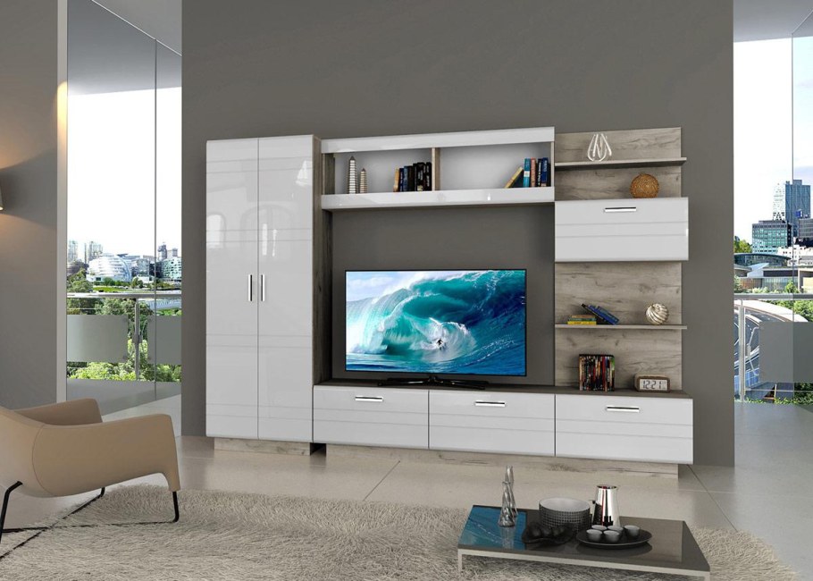 Гостиная Атланта дуб серый крафт / белый глянец