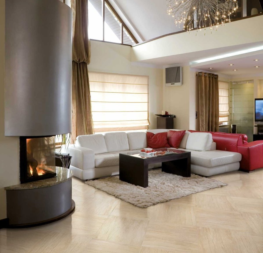 Травертин в 3д в интерьере гостиной