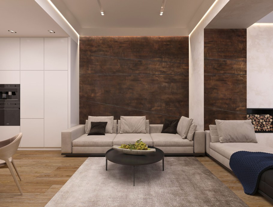 Штукатурка травертин в интерьере гостиной