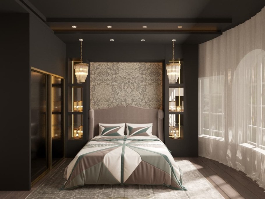 Спальня с гардеробной в изголовье