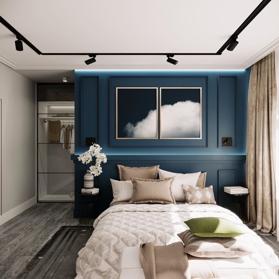 Дизайн спальни с гардеробной за кроватью