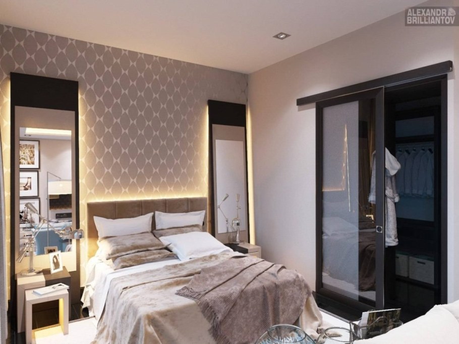 Гардеробная за кроватью в спальне