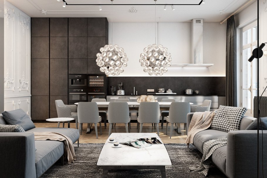 Стильный интерьер кухни гостиной