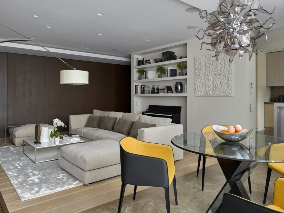 Стильный современный интерьер кухни гостиной