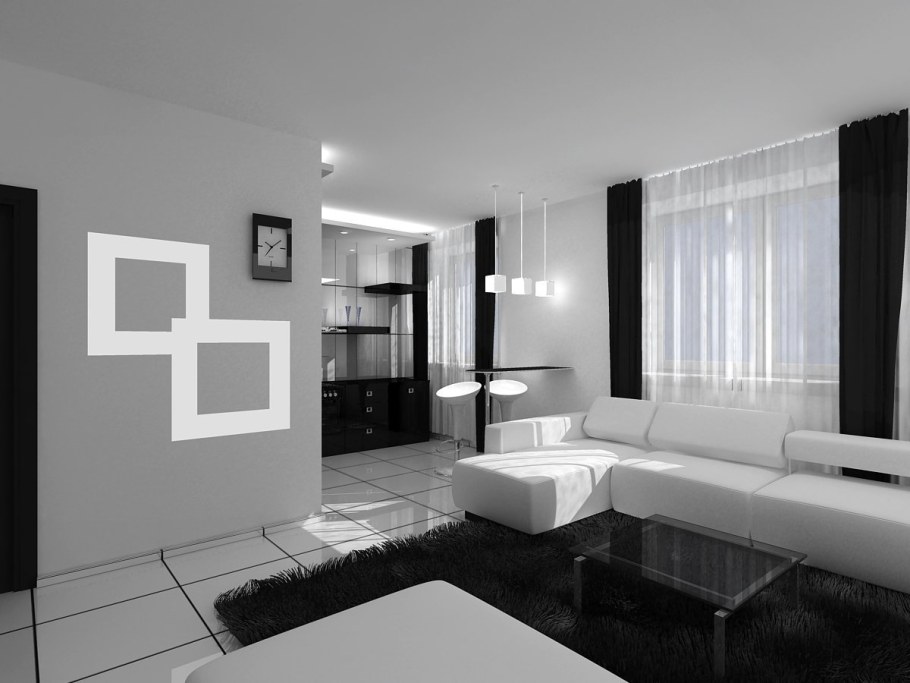 Черно белый интерьер гостиной