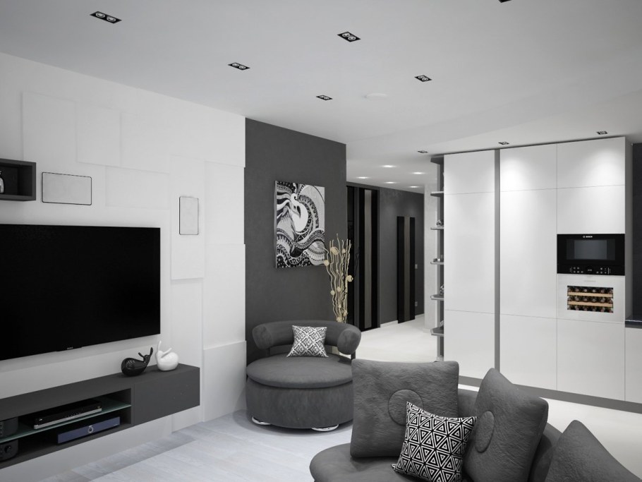 Черно белый интерьер гостиной