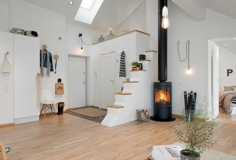 Камин в интерьере загородного дома Сканди