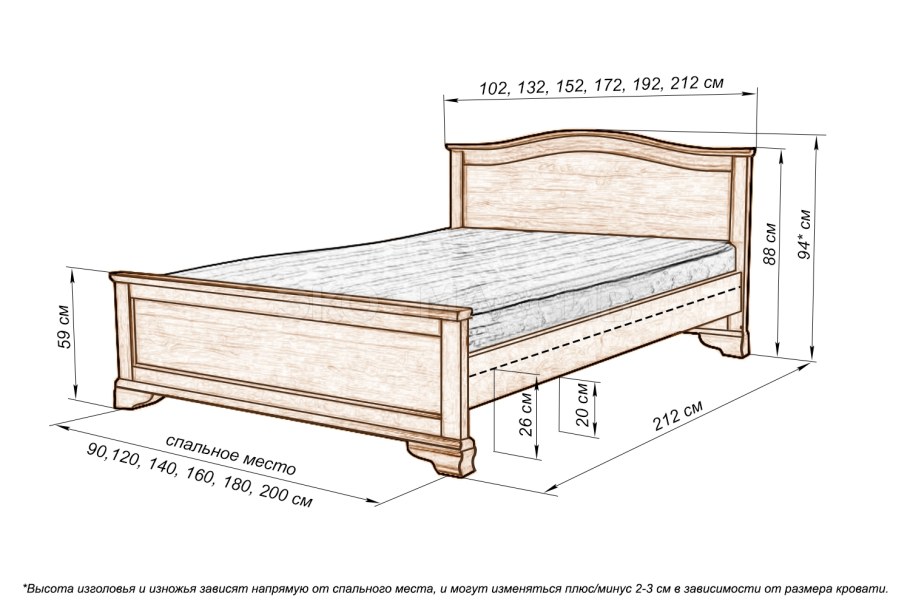 Кровать 900х2000 из массива сосны чертеж