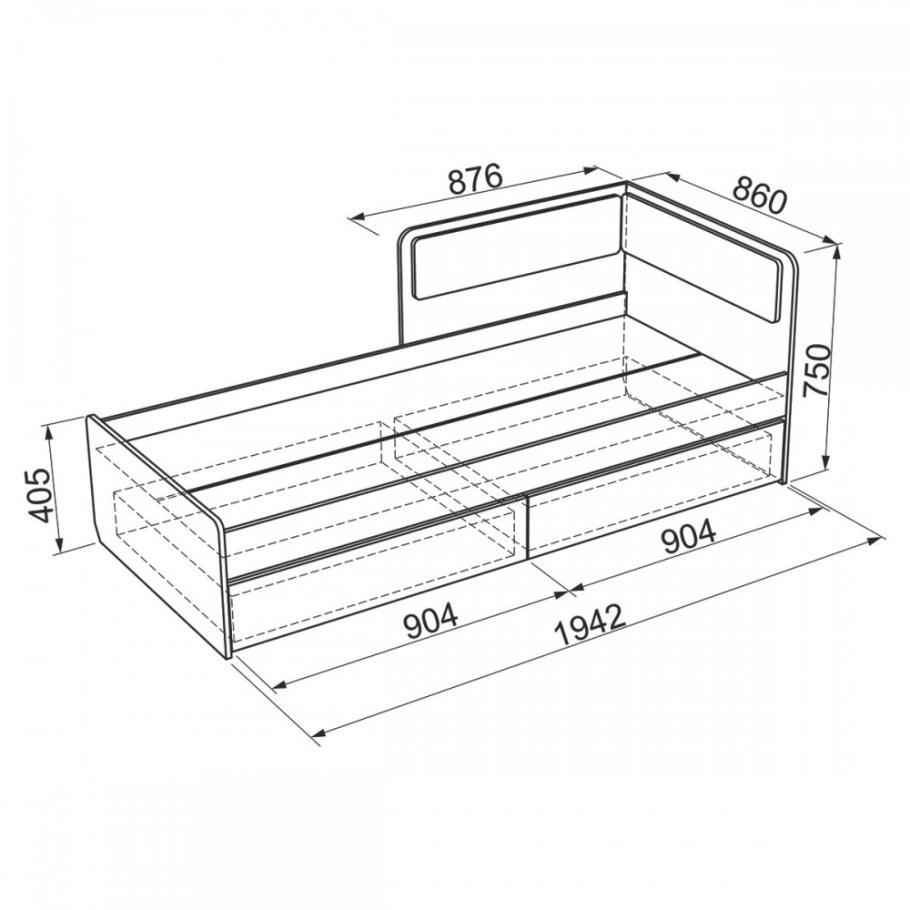 Чертеж кровати с ящиками 90х200см