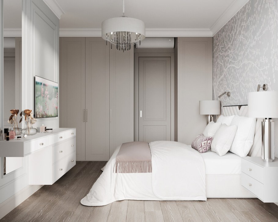 Спальня с гардеробной в стиле современная классика в светлых тонах