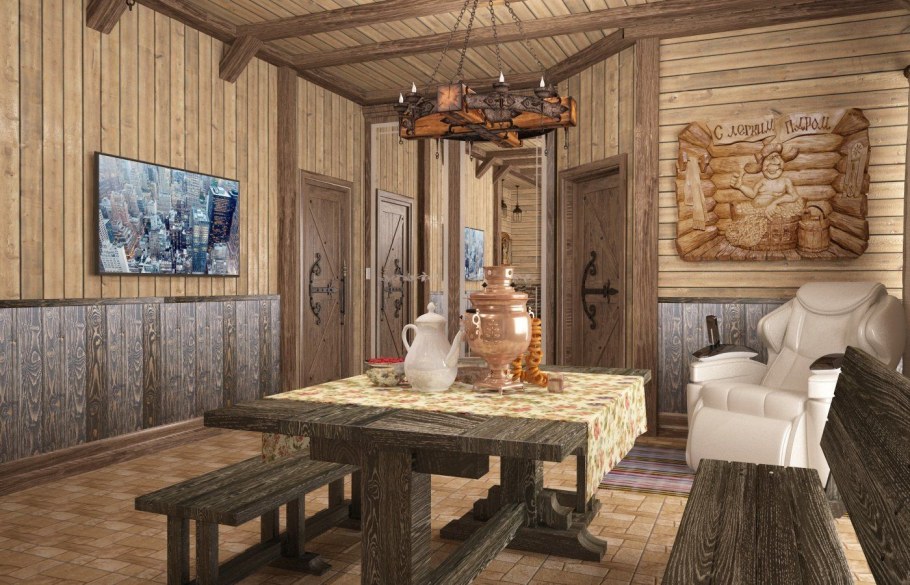 Интерьер бани с комнатой отдыха