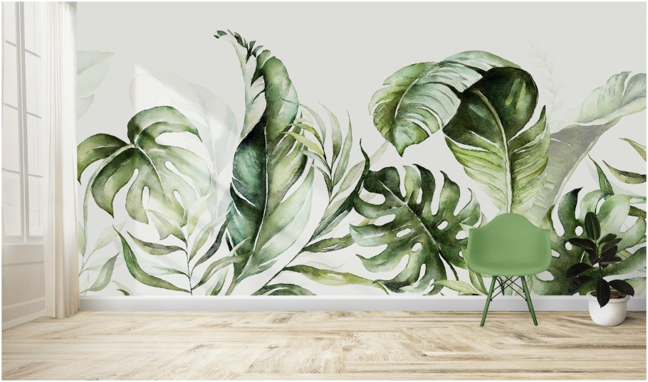 Листья монстеры в интерьере на стене