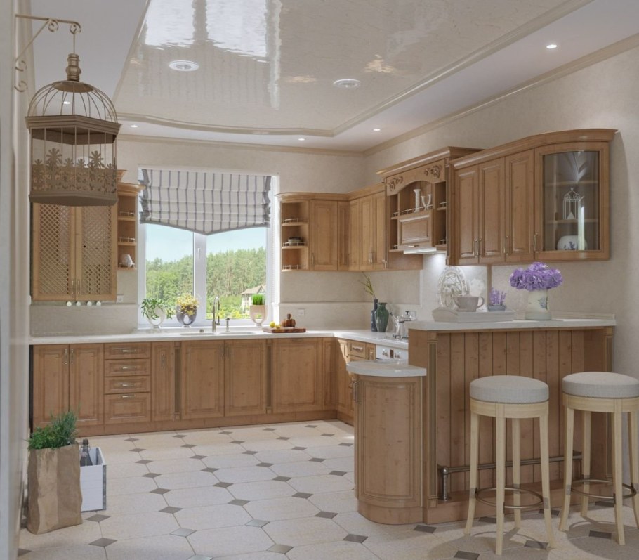 Угловая кухня с окном в частном доме