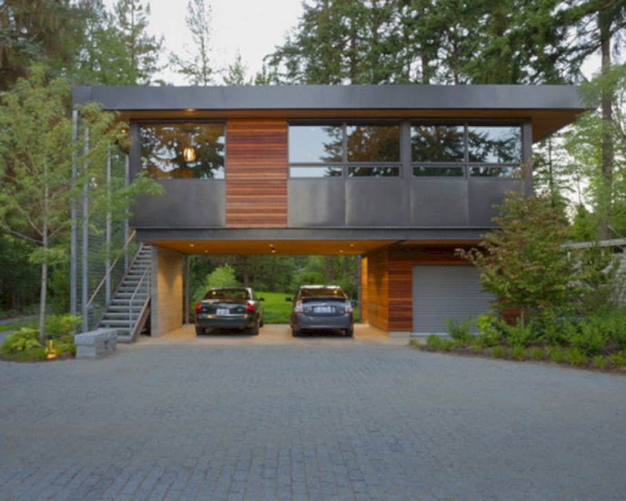 Дом с плоской кровлей с навесом для авто