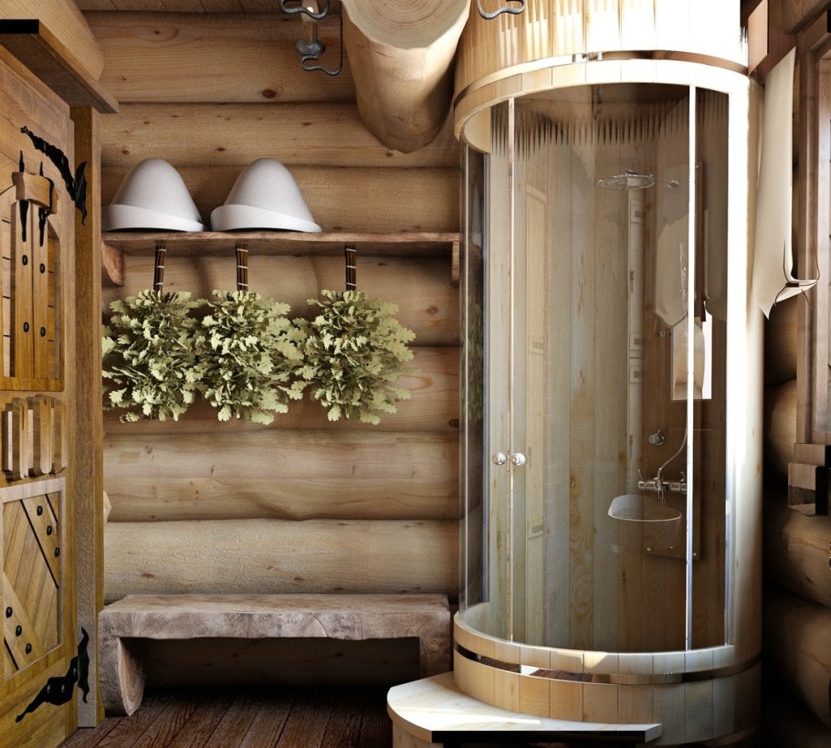 Помывочная в деревянной бане с душем интерьер