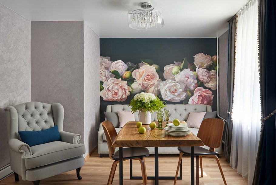 Фреска пионы на стену в интерьере