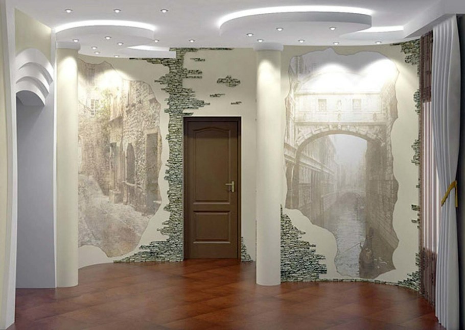 Фотообои в интерьере с камнем