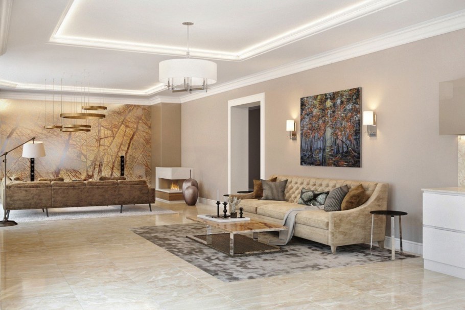 Мраморная плитка в интерьере гостиной