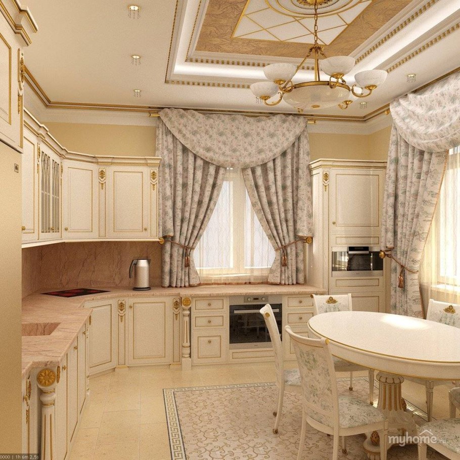 Шторы для классической кухни в светлых тонах