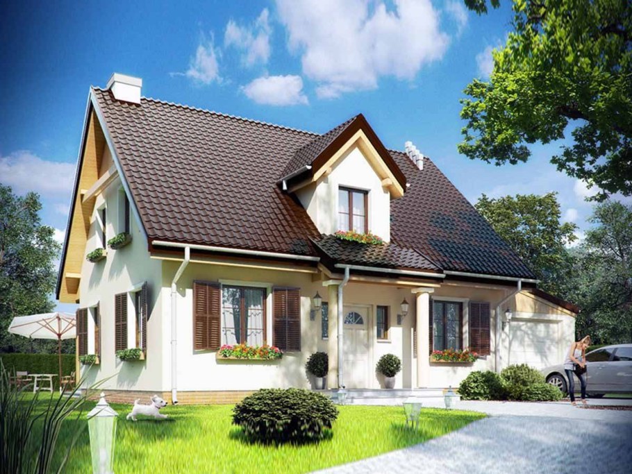 Фасад дома с мансардной крышей