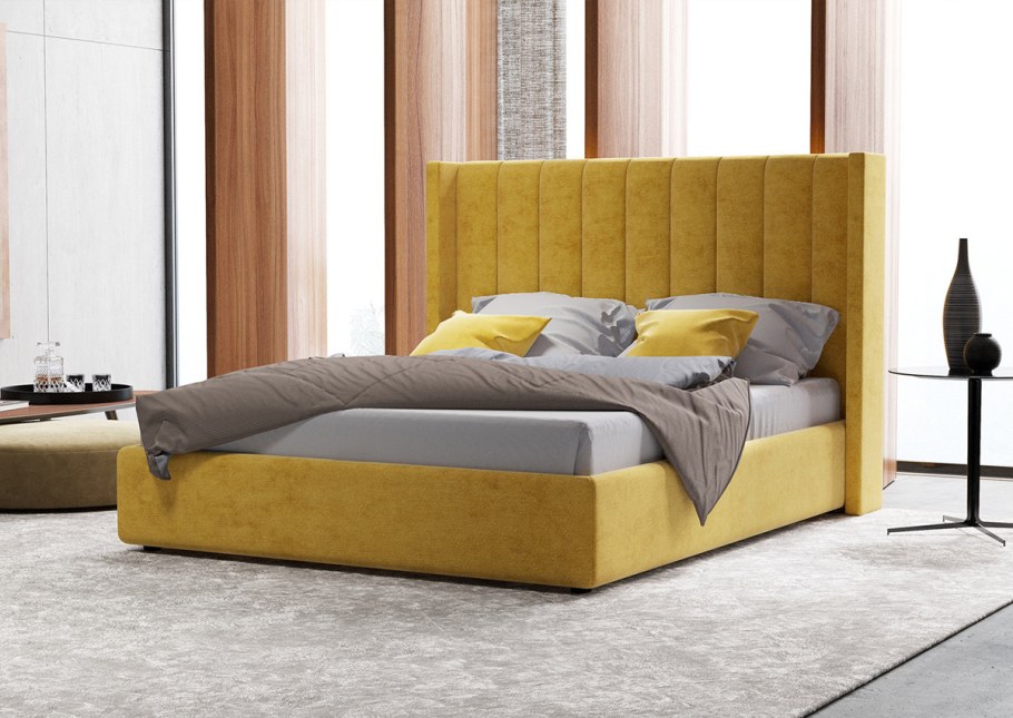 Кровать двуспальная с подъемным механизмом и мягким изголовьем