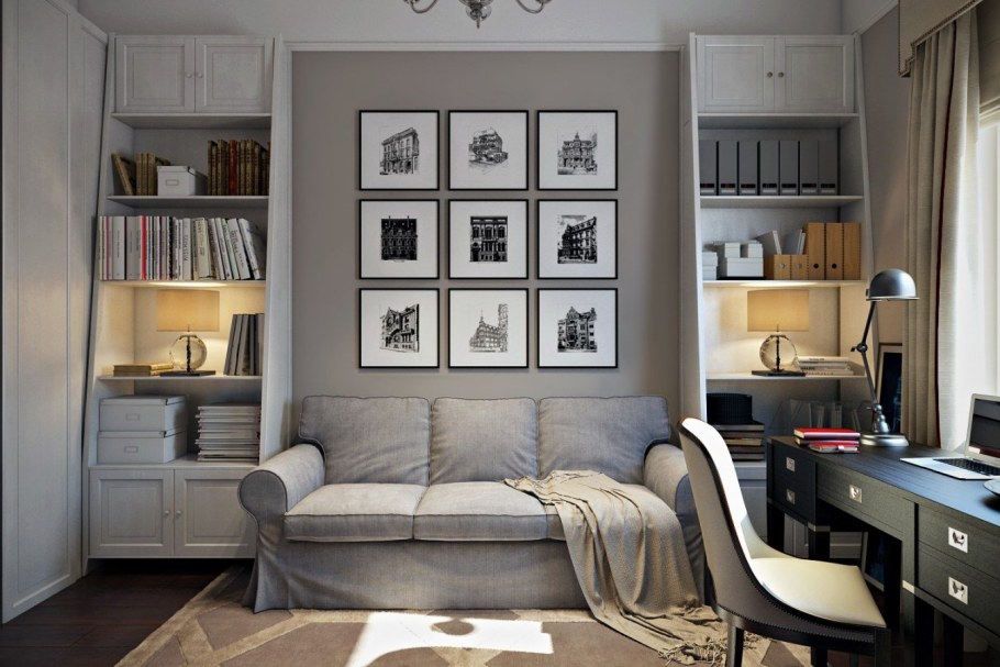 Кабинет с диваном в маленькой комнате