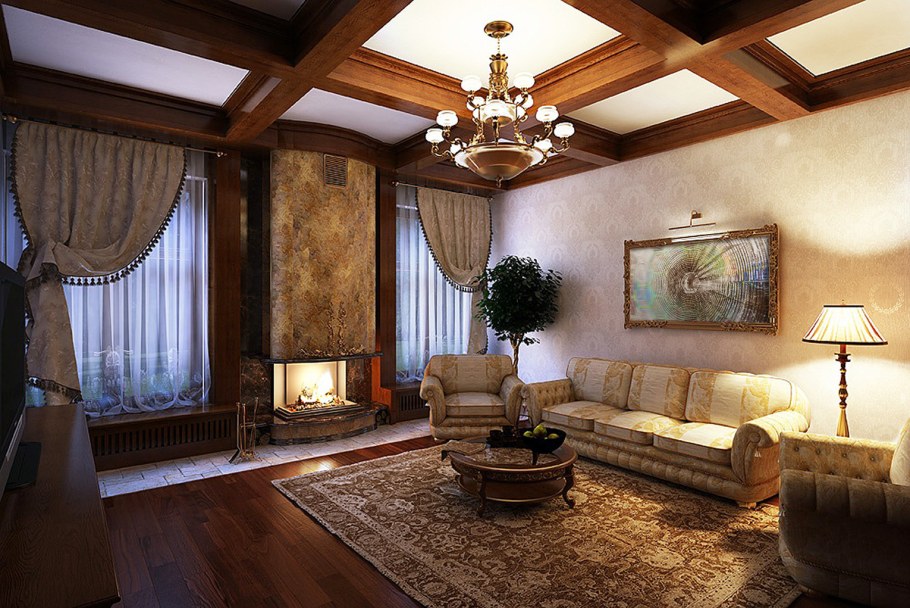 Гостиная с камином в частном доме