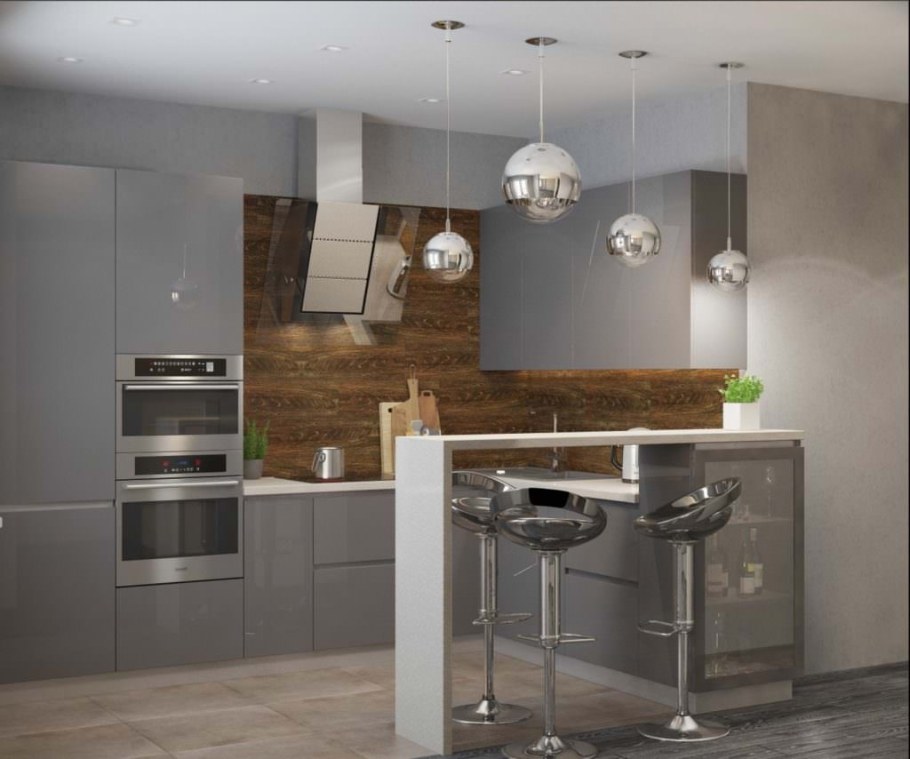 Кухня в серых тонах с барной стойкой