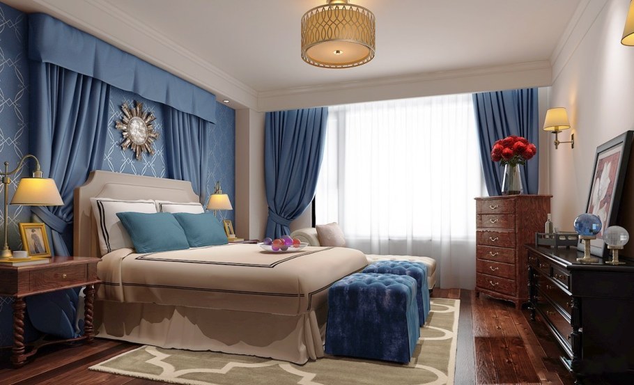 Спальня в сине бежевых тонах