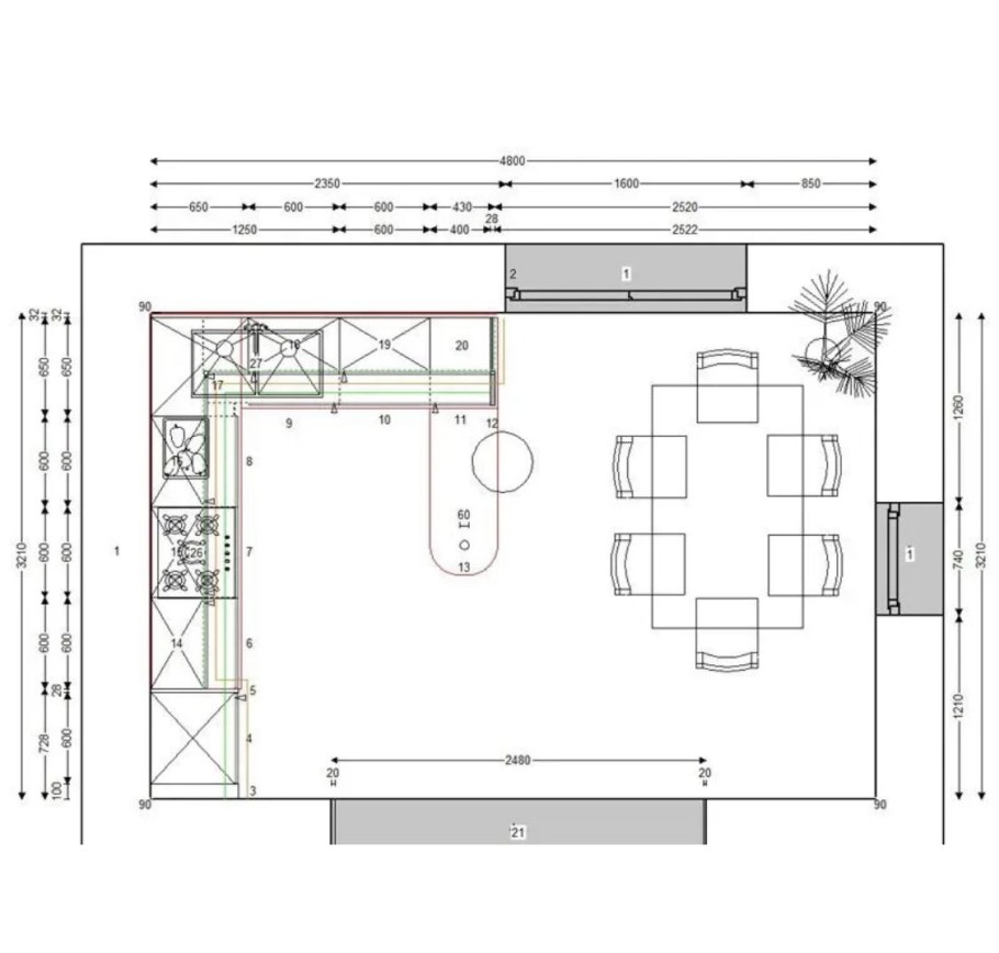 Кухня-столовая-гостиная планировка чертеж