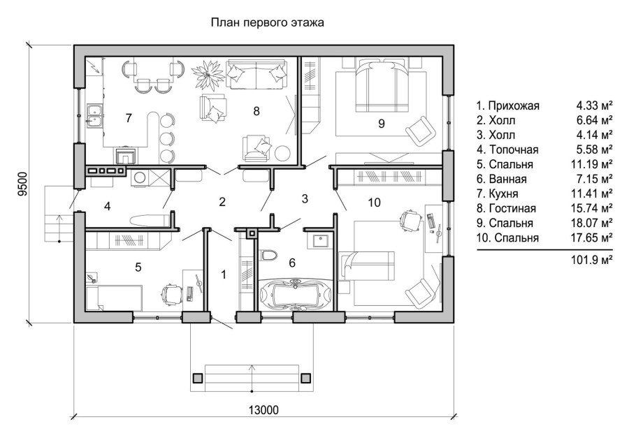 План частного одноэтажного дома чертеж