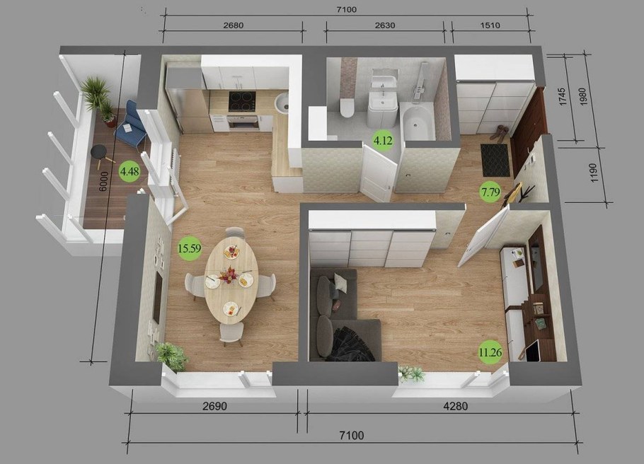 Планировка однокомнатной квартиры 40 кв.м п44