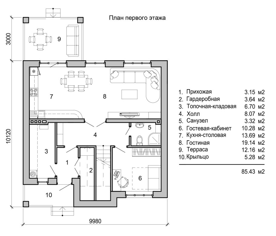 Двухэтажный дом с кухней гостиной план