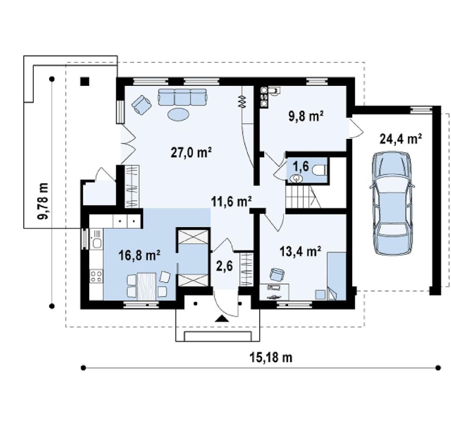 Двухэтажный дом с гаражом и террасой планировка