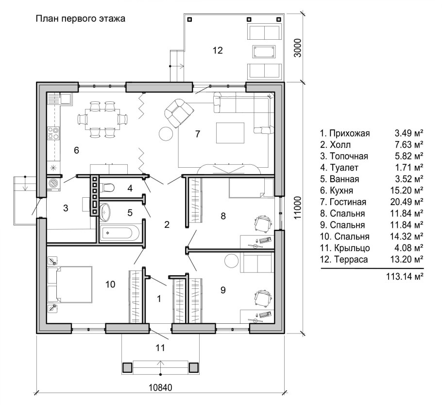 Проект дома с 3 спальнями одноэтажный до 100 кв.м с крыльцом сбоку