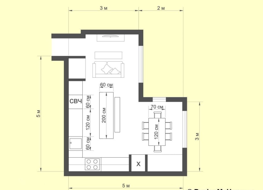 План кухни-гостевой с островом