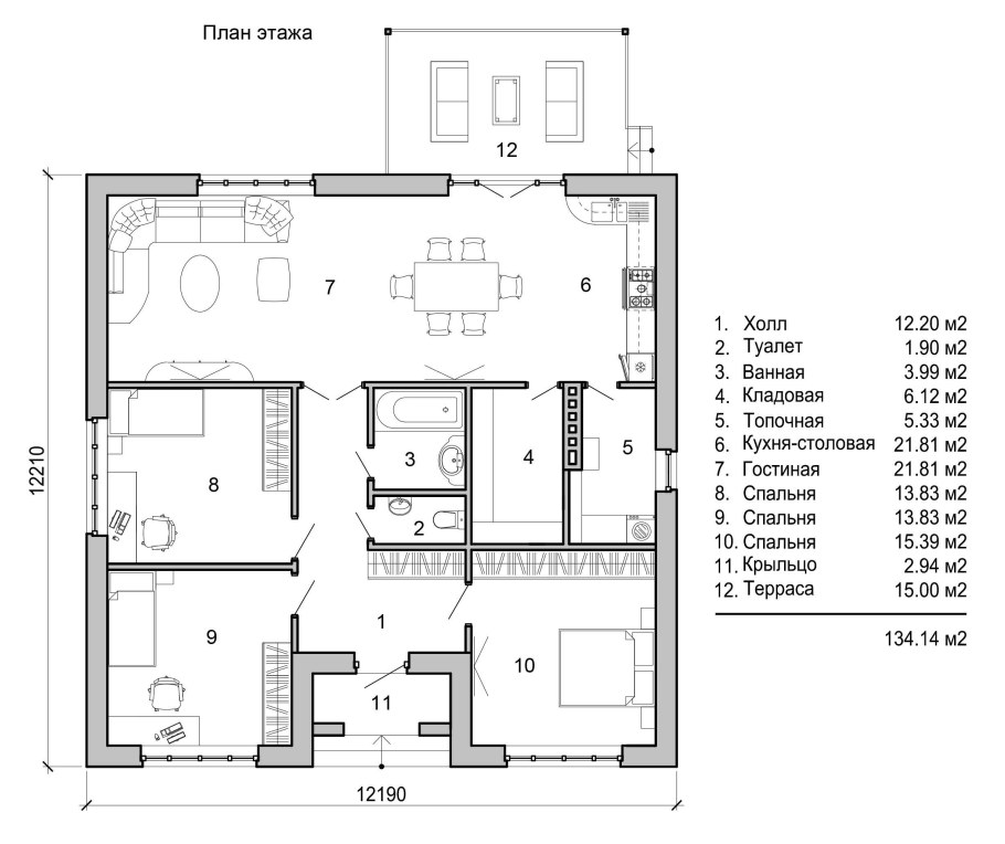 Проекты одноэтажных домов с 3 спальнями