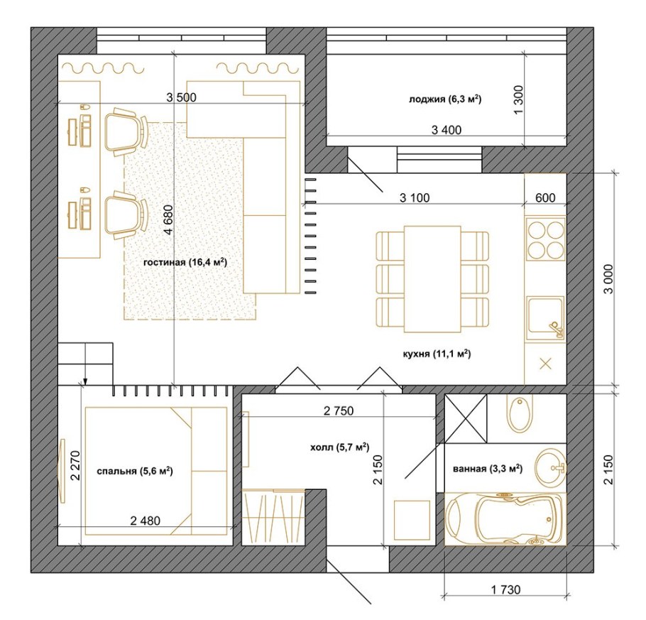 Планировка квартиры студии 42 кв.м